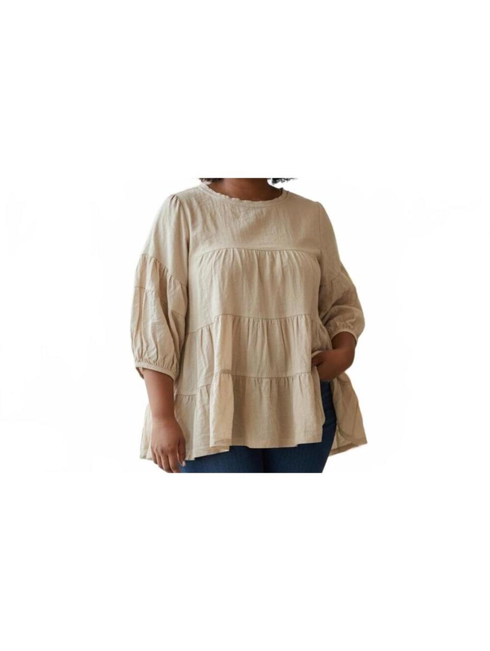 Bluivy Beige Tiered Peplum Blouse with 3/4 Sleeves